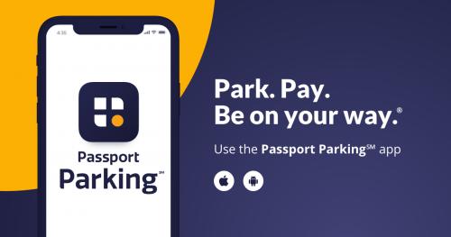 passport app in blue yellow and white Park. Pay. Be on your Way.