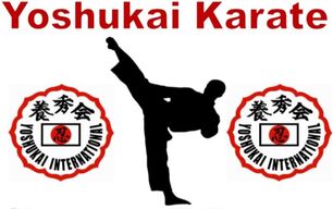 Yoshukai Karate Logo. Man doing karate kick and 2 plum flowers. 