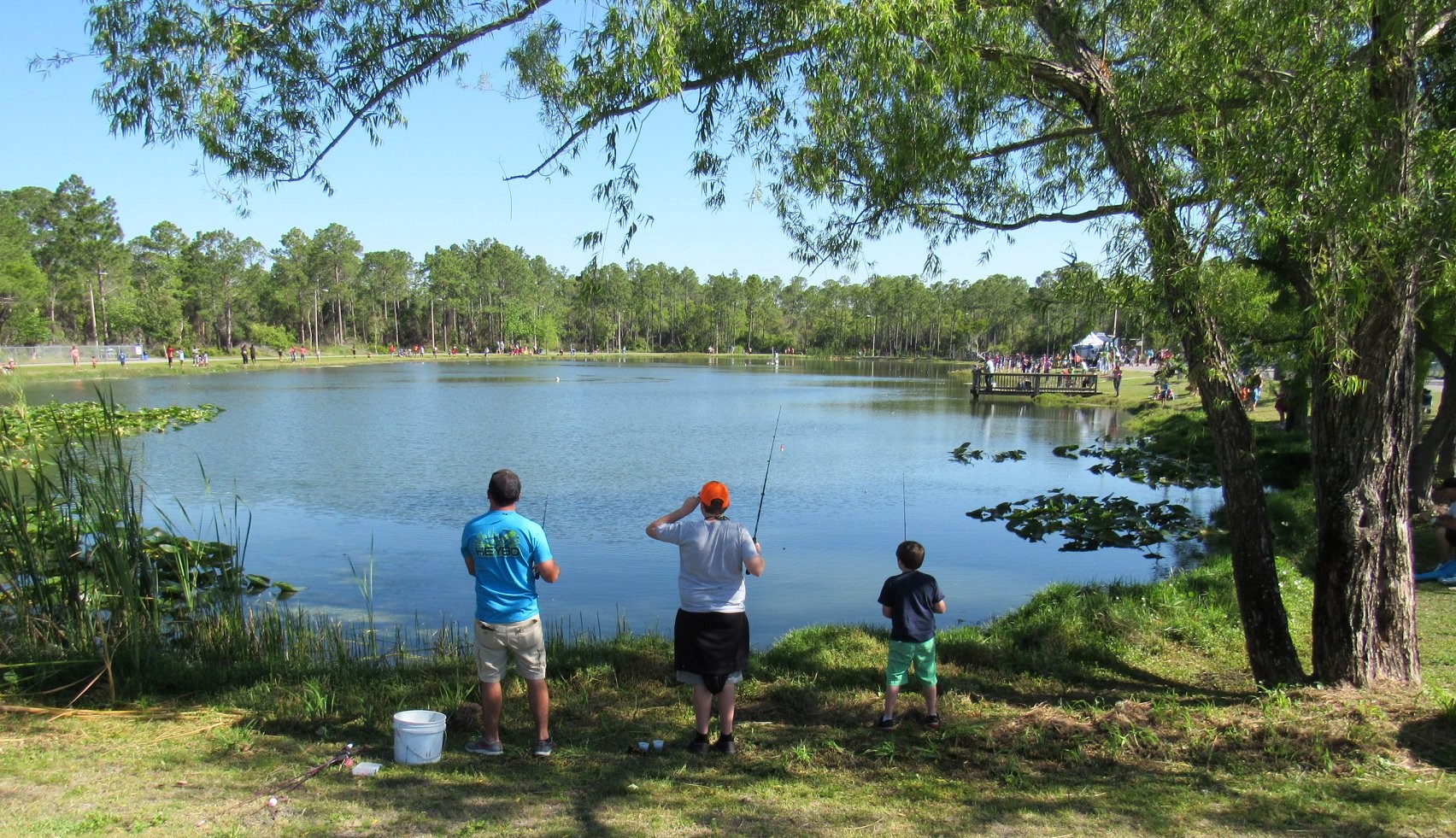 Kids fishing at the Youth Fishing Pond with trees and grass around